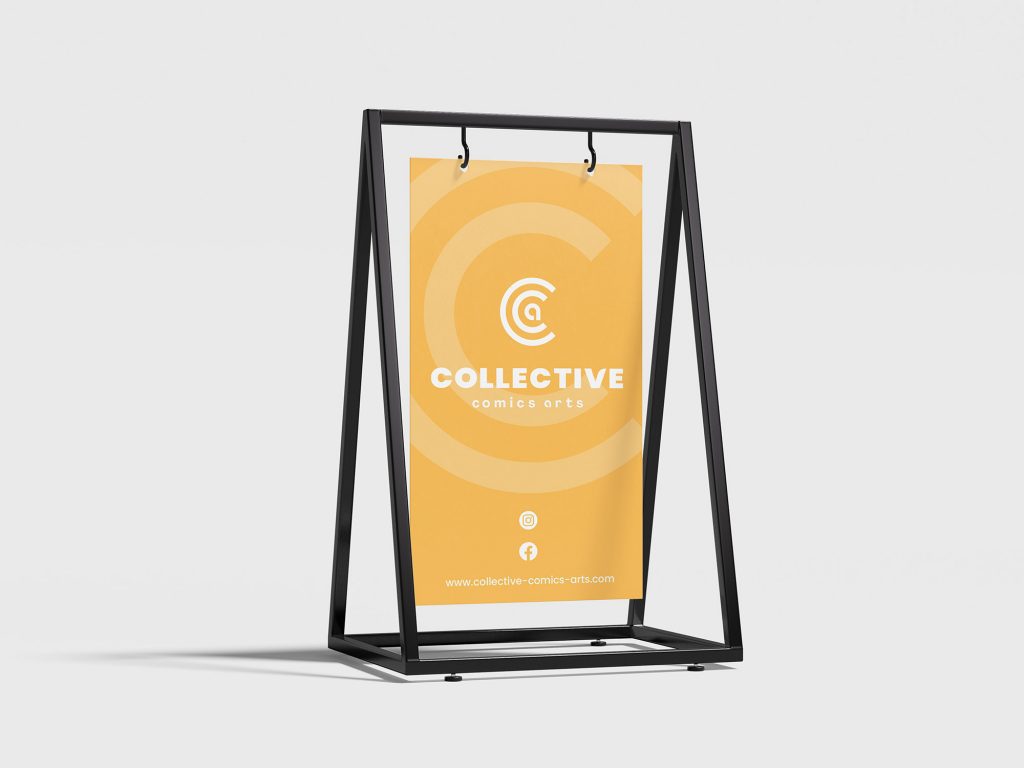 kakemono et panneau avec le logo collective comics arts