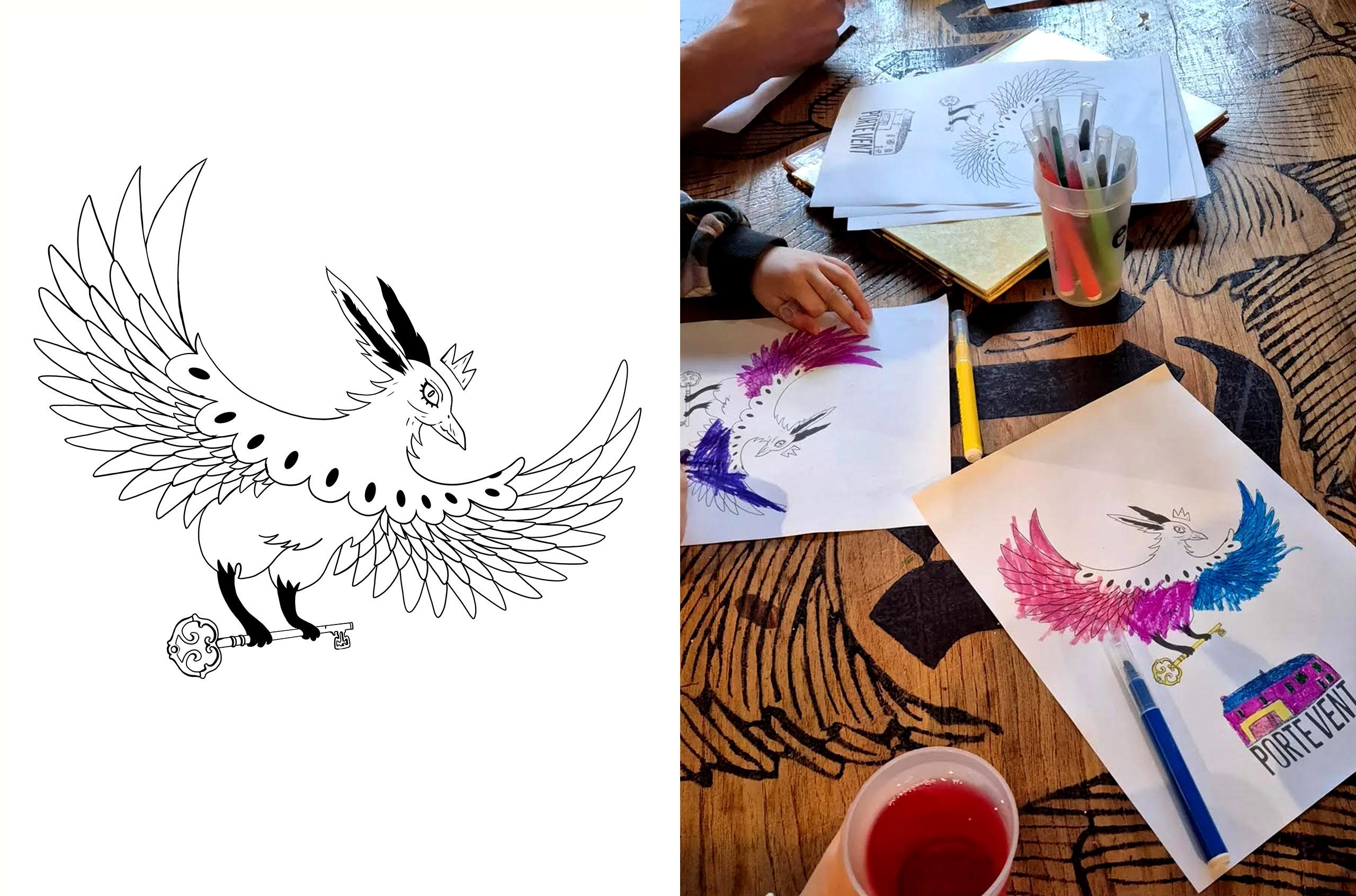 coloriage de l'oiseau de l'affiche portevent par des enfants