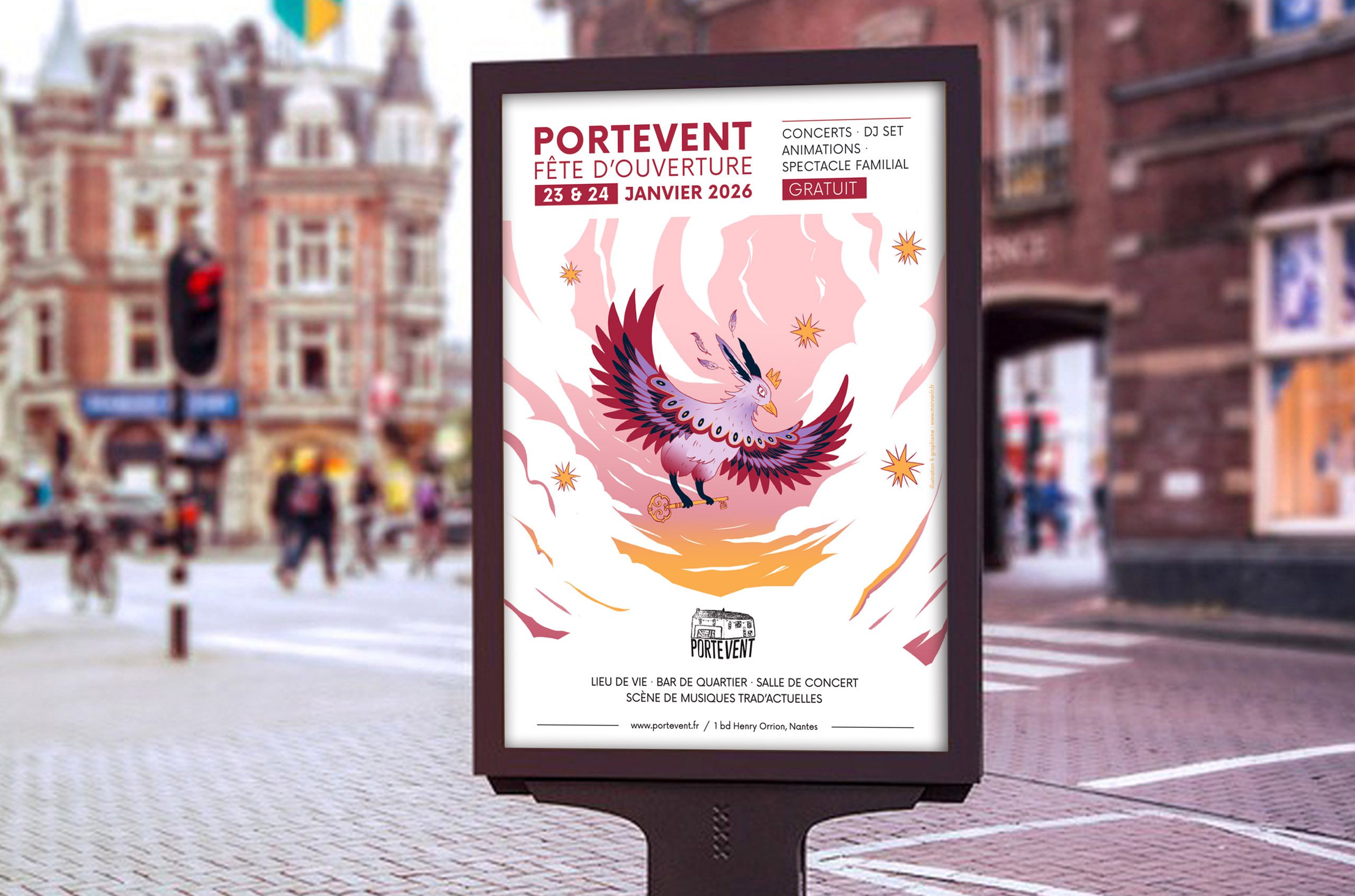 L'illustration de l'affiche sur un abribus à Nantes